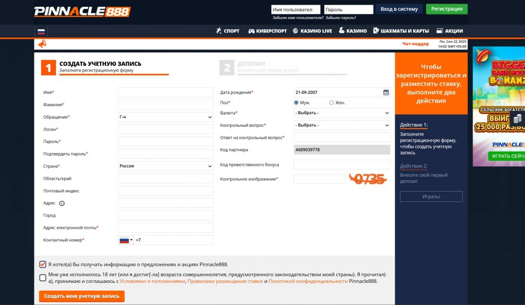 Анкета регистрации в Пинакл888