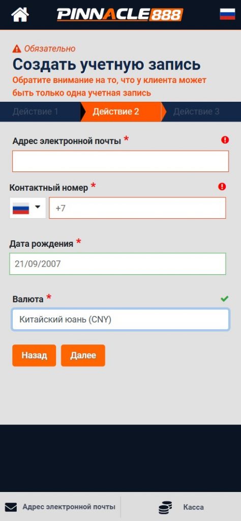 Анкета регистрации в Пинакл888