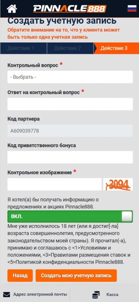 Анкета регистрации в Пинакл888